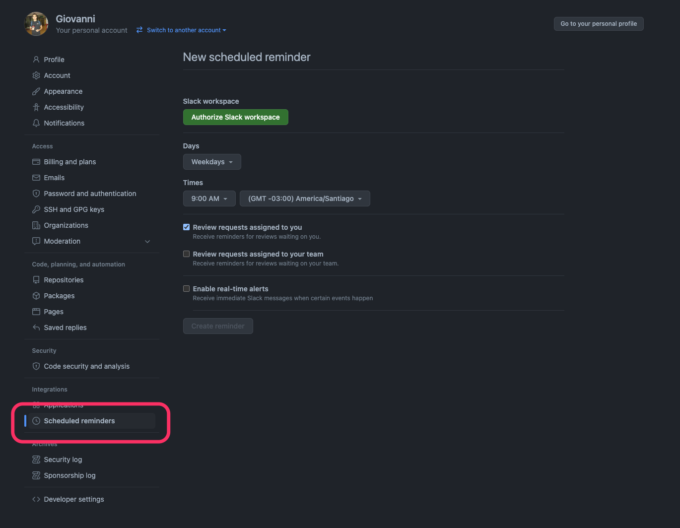 Scheduled reminders menu